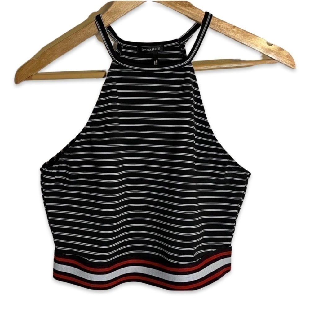 DYNAMITE Medium Cropped Top Stripes Stretchy Striped Black White Red Tank Top